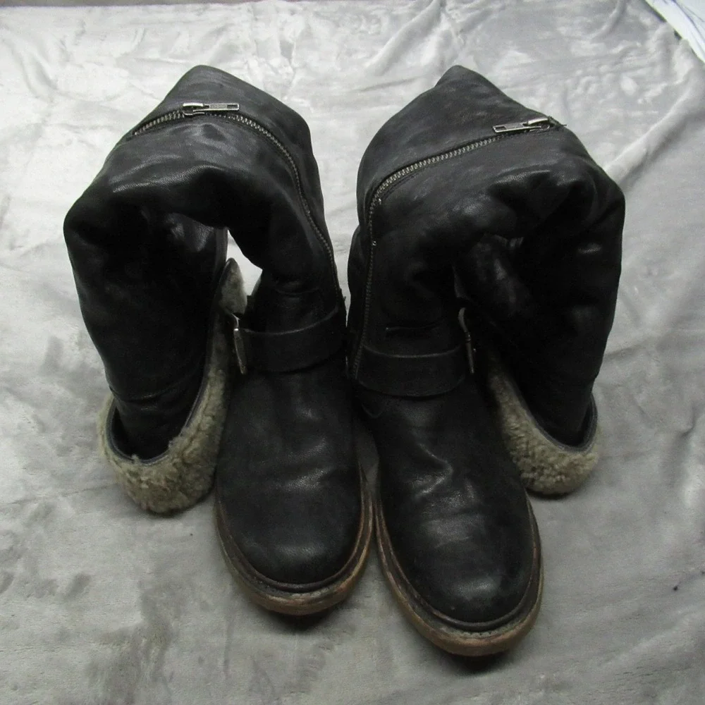 FRYE Women 6.5B Black Valerie Boots Knee Fold Over Shearling Fur Zip Buckle Pull